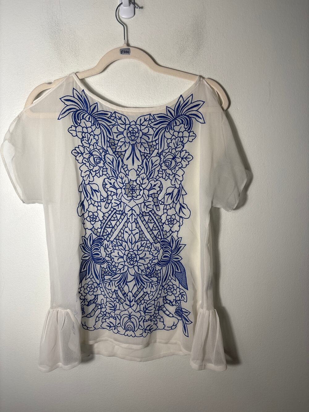 Baraschi Sheer Cream with Blue Embroidery Cold Shoulder Cap Sleeve Sz XS